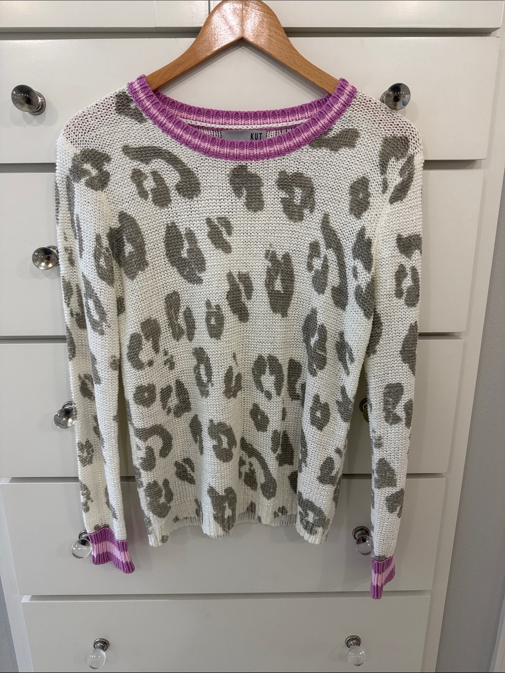 Kut from the Kloth Cream and Gray Leopard Knit Sweater with Pink Trim